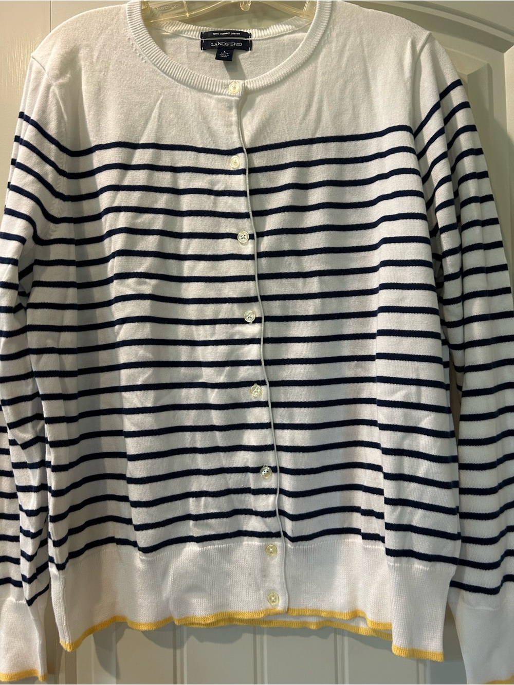 Lands' End White Navy Striped Cardigan with Yellow Hem